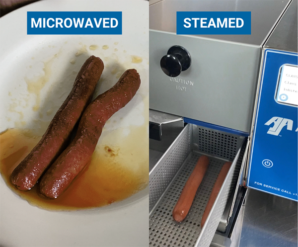 Hot dog prepared on a commercial steamer and hot dog prepared in microwave in a commercial kitchen setting.